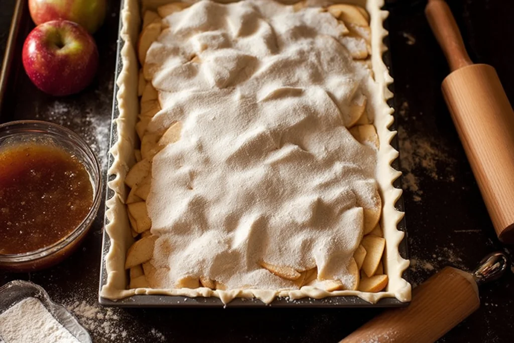 layering cinnamon-sugar apple filling into apple slab pie crust