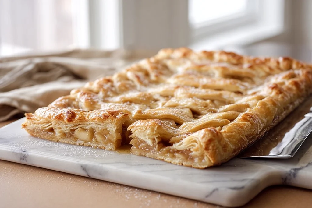 close-up of apple slab pie slice showing flaky crust and caramelized apple filling