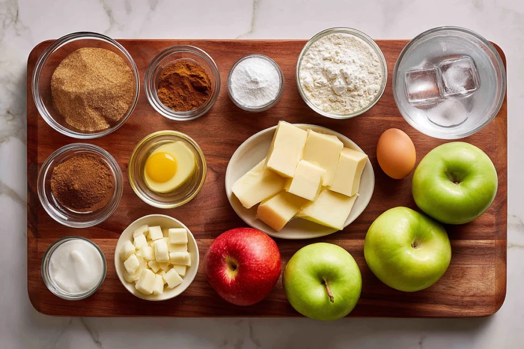 overhead view of apple slab pie ingredients including apples, flour, butter, and cinnamon