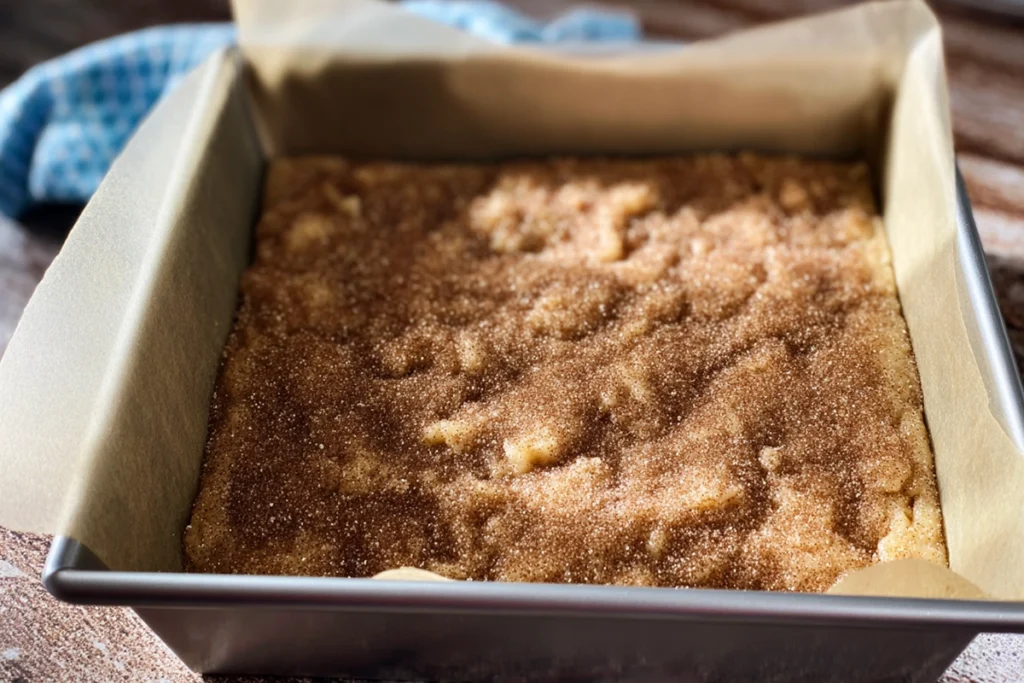 apple snickerdoodle bars dough spread in baking pan with cinnamon sugar topping