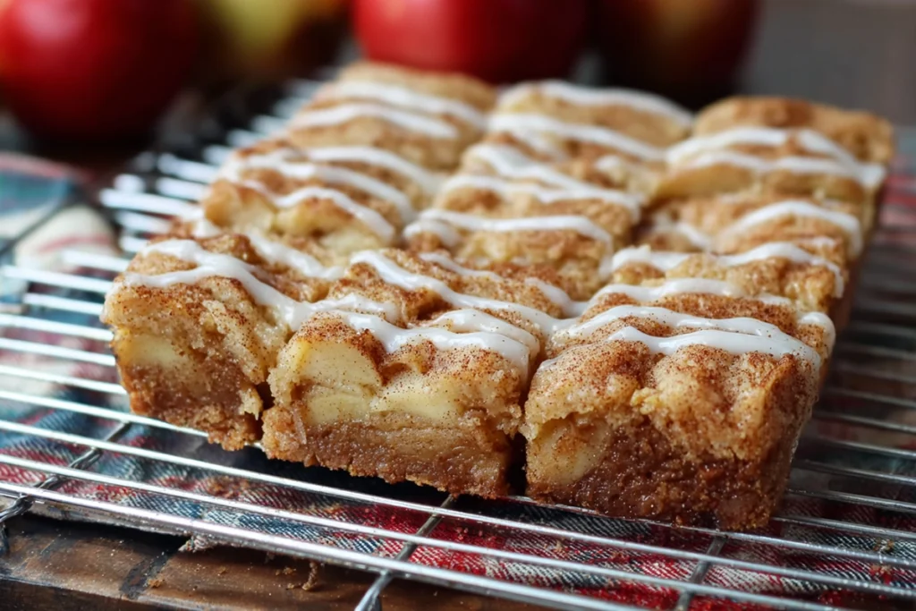 freshly baked apple snickerdoodle bars cooling on rack with visible apples and cinnamon sugar