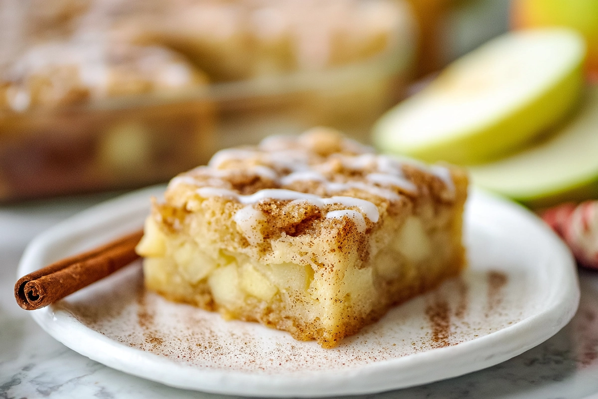close-up hero shot of apple snickerdoodle bars with cinnamon sugar topping and diced apples