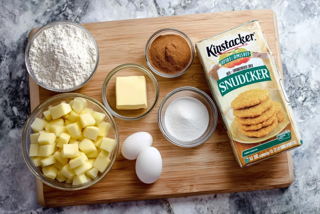 overhead photo of apple snickerdoodle bars ingredients including apples, flour, butter, cinnamon, and sugar