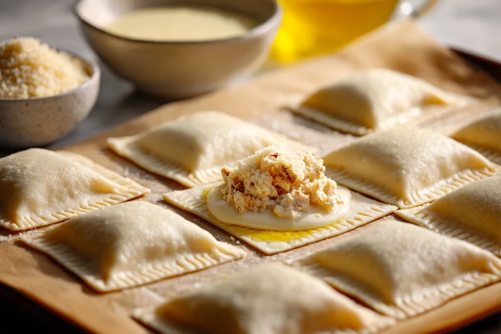 assembling chicken pillows with creamy parmesan sauce using crescent dough and chicken filling