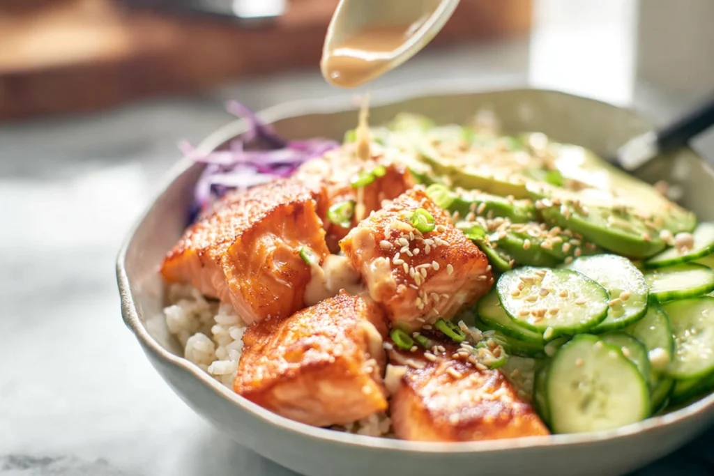 assembling crispy salmon and rice bowl with rice, avocado, and glazed salmon pieces