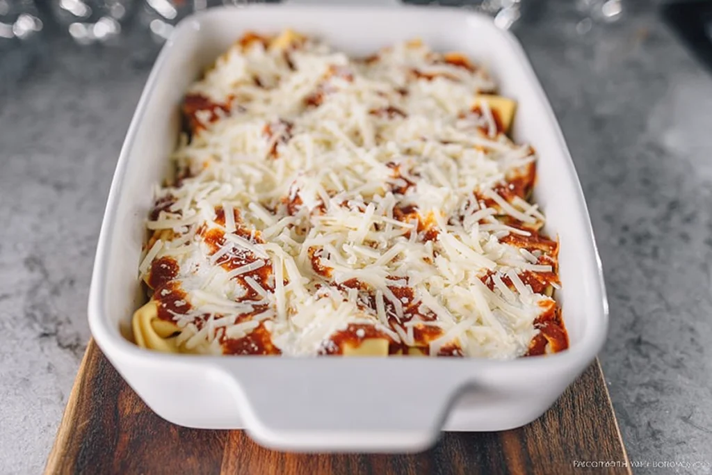 Layering tortellini, marinara sauce, and cheese in a white baking dish for easy baked tortellini casserole