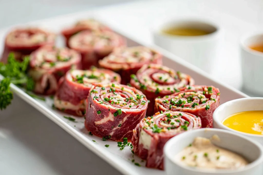 process shot of assembling meat roll ups with beef slices, cream cheese, and spinach