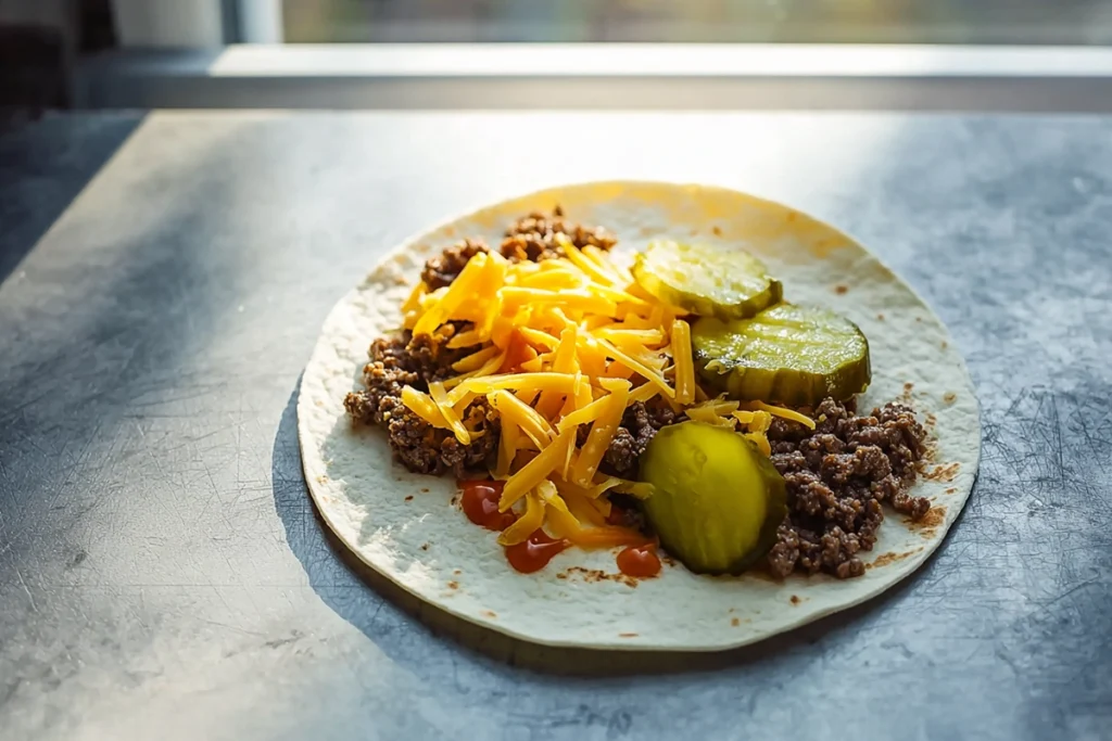 Overhead shot of assembling Smashburger Quesadilla with cheese, beef, and toppings before folding