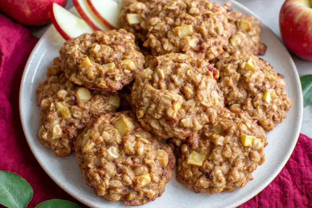 Soft baked apple cinnamon oatmeal cookies on a plate with apple slices