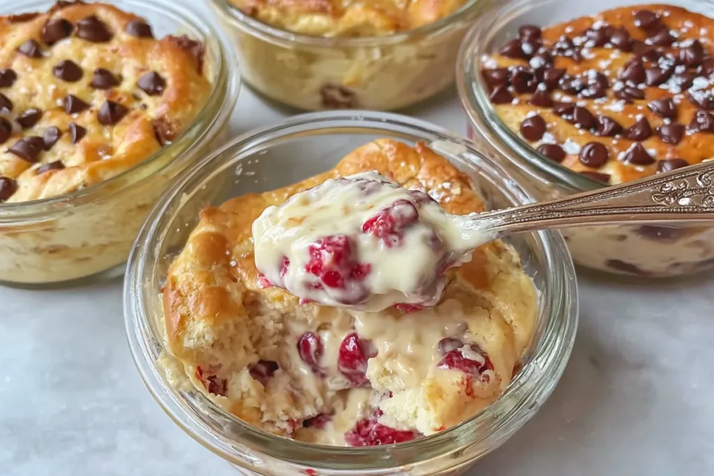 Baked Protein Pancake Bowls with strawberry topping and peanut butter in a glass oven-safe bowl