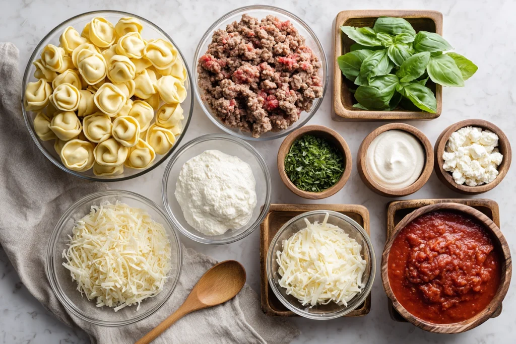 Overhead view of easy baked tortellini casserole ingredients arranged in glass bowls and wooden trays