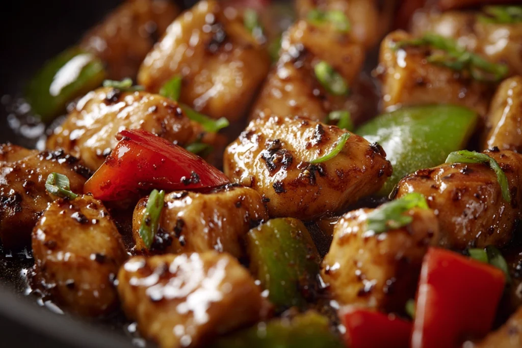 close-up macro of black pepper chicken showing glossy sauce and pepper texture under daylight