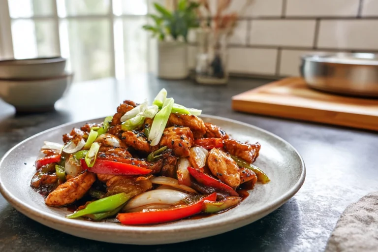 photorealistic black pepper chicken plated with glossy sauce and fresh garnish in modern kitchen