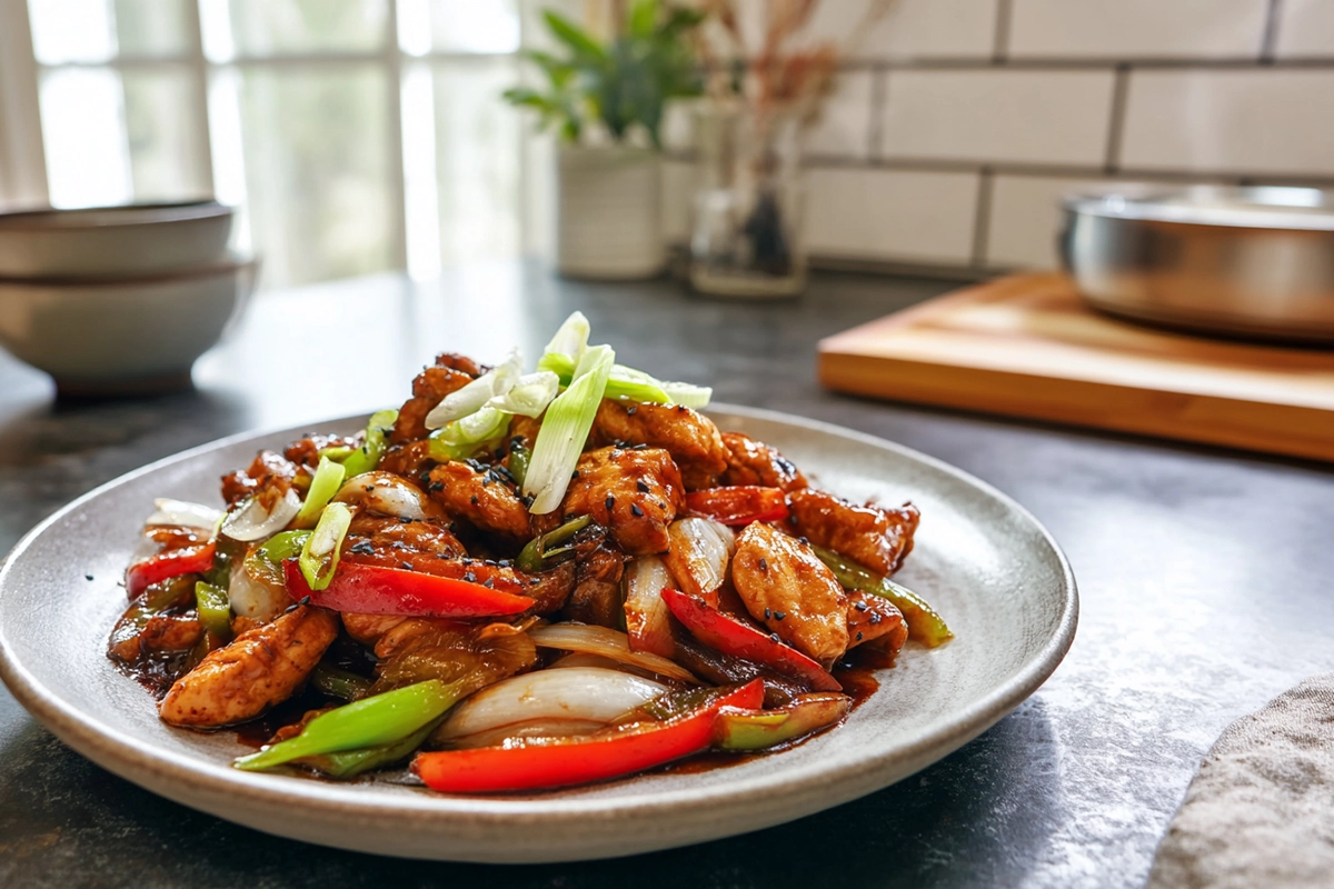 photorealistic black pepper chicken plated with glossy sauce and fresh garnish in modern kitchen