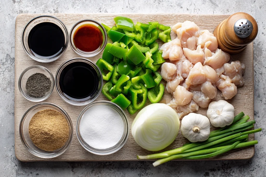 overhead shot of black pepper chicken ingredients arranged in glass bowls and wooden board under natural light