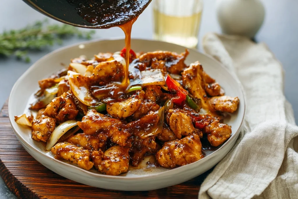 close-up of black pepper chicken being plated with glossy sauce in modern kitchen