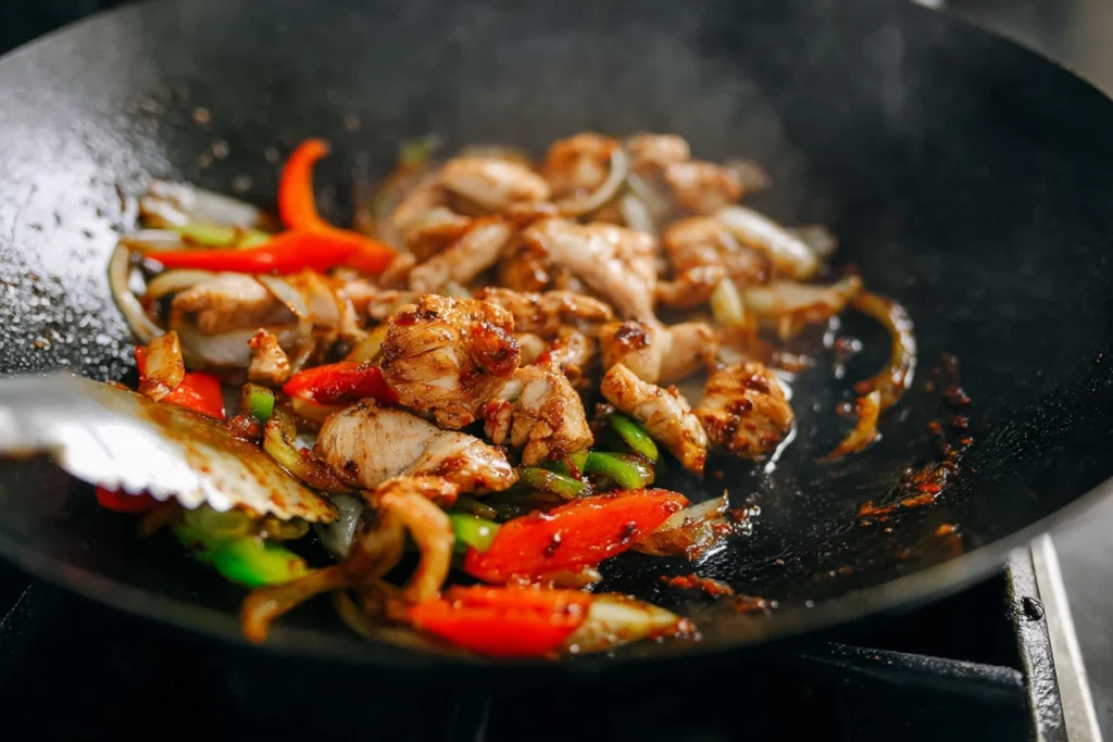 black pepper chicken stir-fry cooking in wok with glossy sauce and colorful vegetables