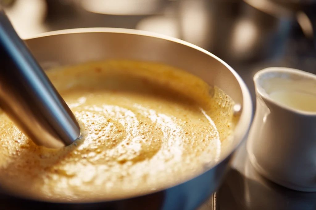 immersion blender mixing creamy mexican street corn soup on marble counter