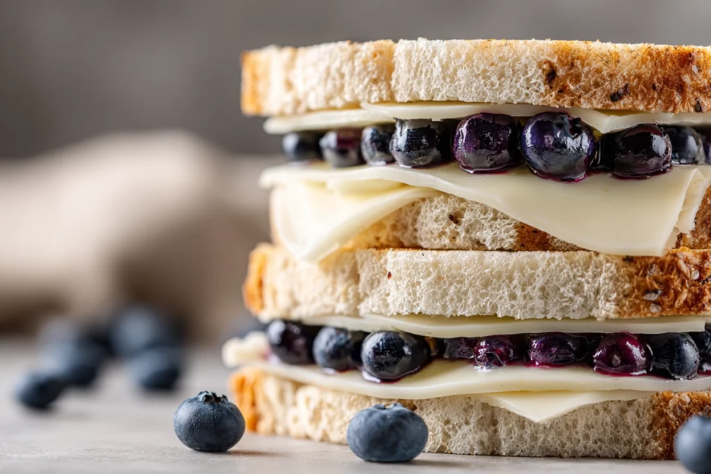 Close-up of blueberries and brie layered between slices of sourdough bread for crispy blueberry grilled cheese