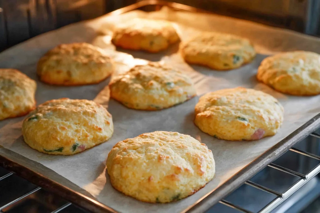 breakfast protein biscuits baking in a modern oven on parchment paper