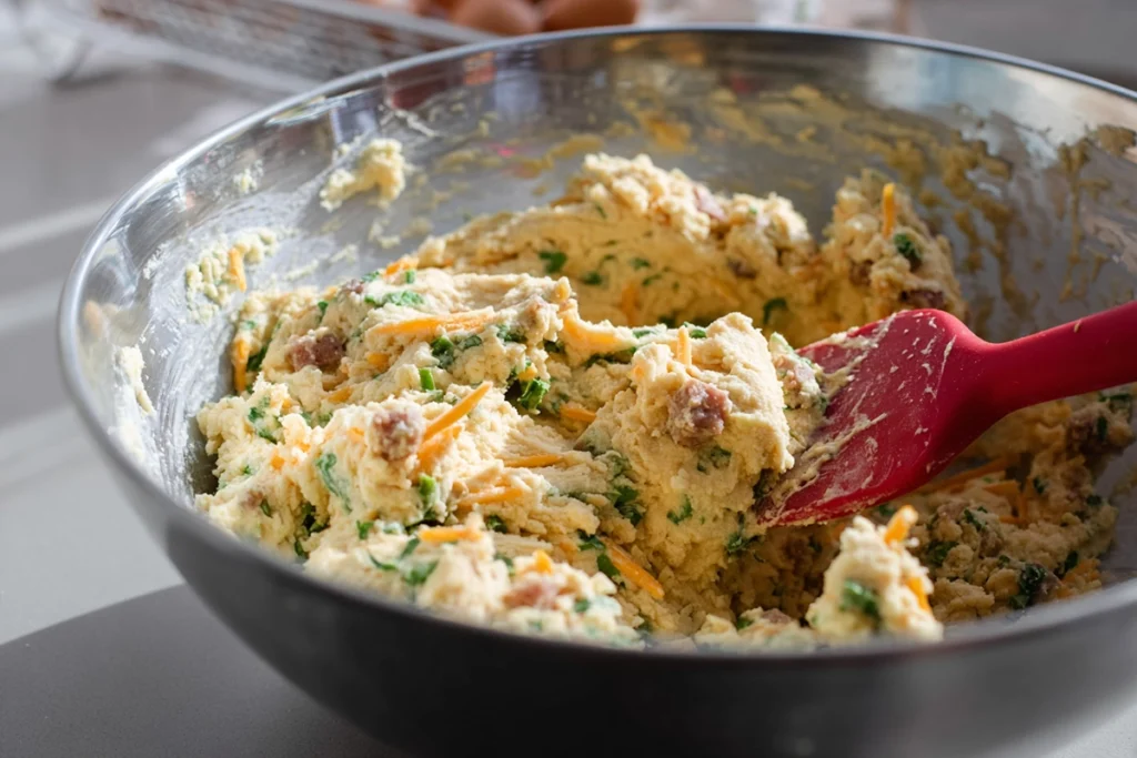 lose-up of breakfast protein biscuit dough being mixed in a bowl