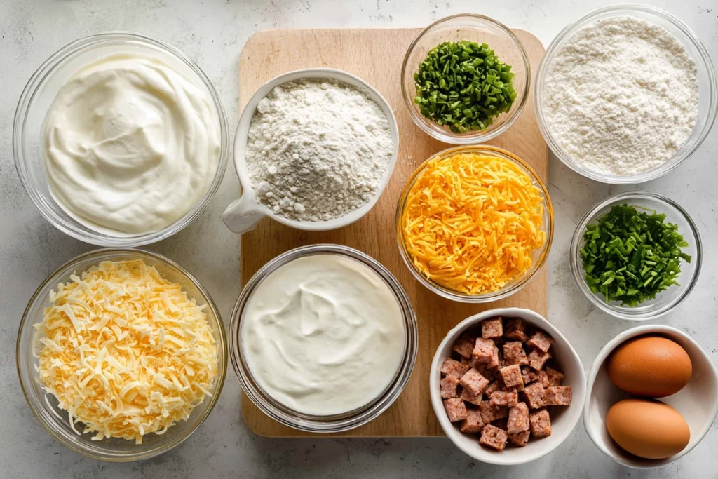 overhead view of breakfast protein biscuit ingredients arranged in glass bowls