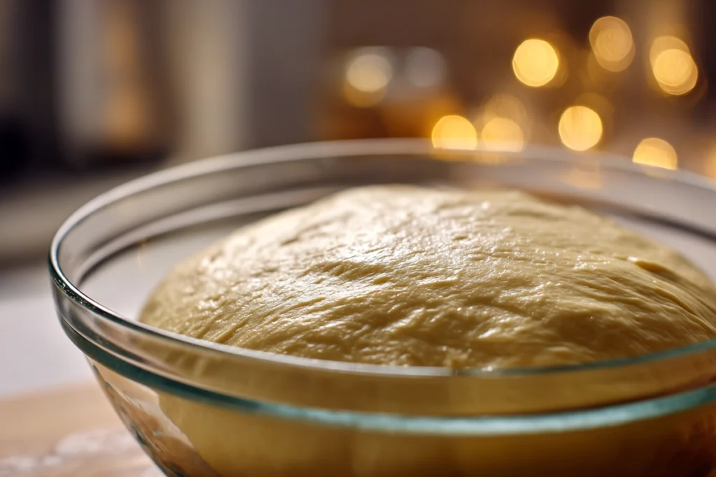 close-up of risen brioche donut dough proofing for indulgent Thanksgiving feasting