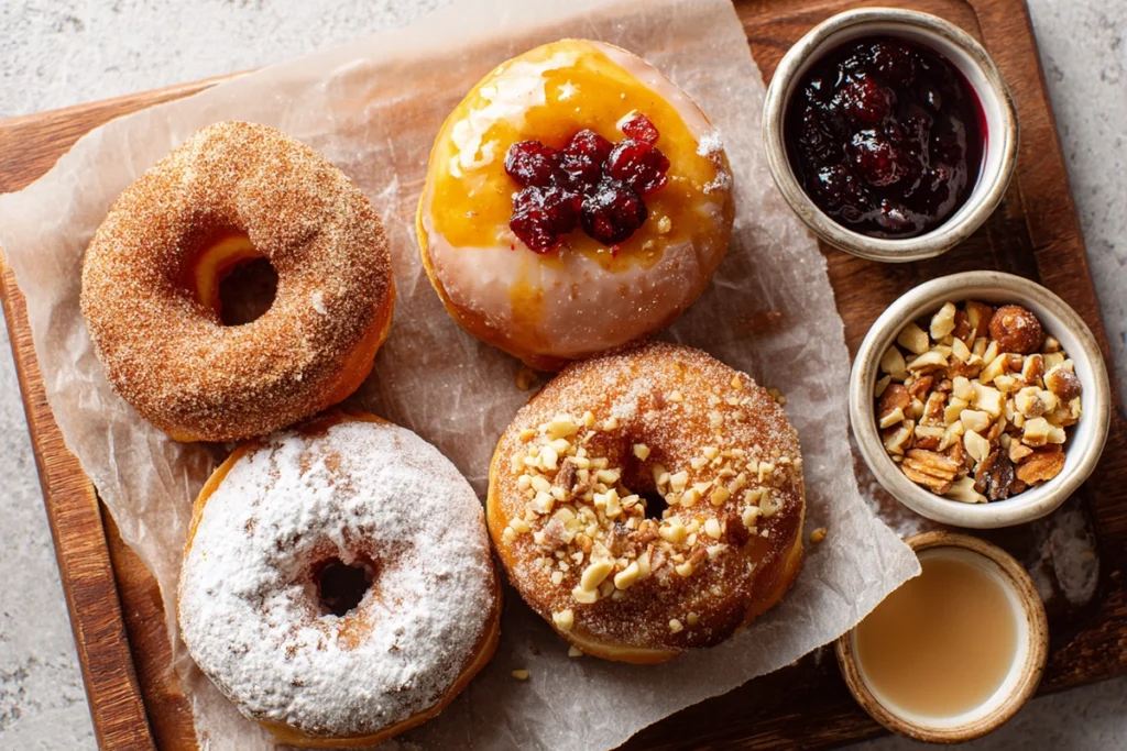 overhead view of assorted brioche donuts in holiday flavors pumpkin spice cranberry maple glaze