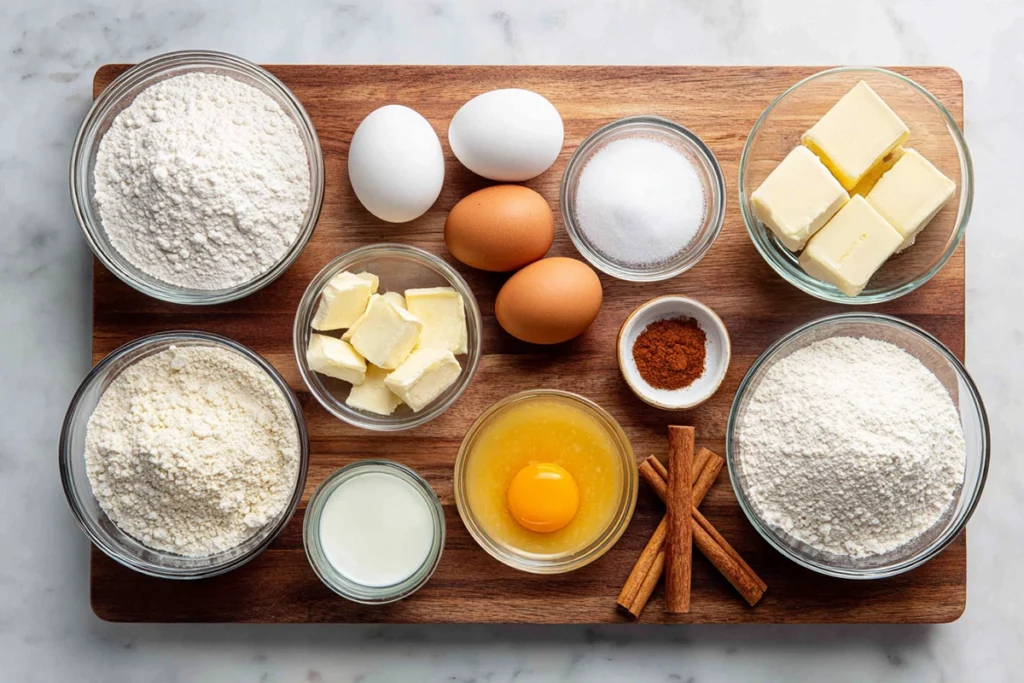 overhead view of ingredients for brioche donuts perfect for indulgent Thanksgiving feasting arranged on wooden board