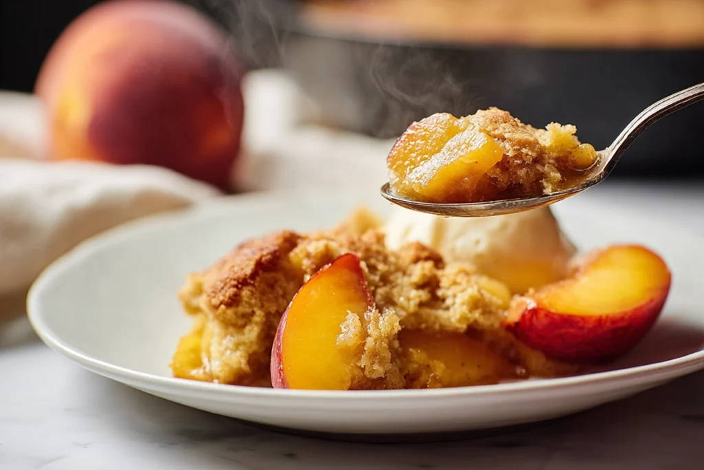 Spoon lifting a serving of Brown Butter Peach Cobbler showing juicy peaches and crisp topping