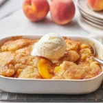 Brown Butter Peach Cobbler dessert with golden crust and vanilla ice cream on marble counter