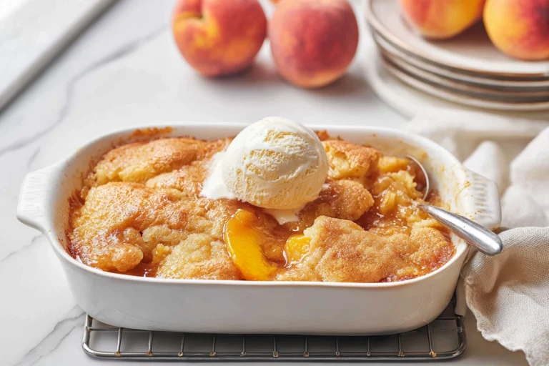 Brown Butter Peach Cobbler dessert with golden crust and vanilla ice cream on marble counter