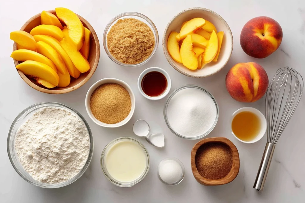 Overhead shot of Brown Butter Peach Cobbler ingredients arranged in glass bowls on white countertop
