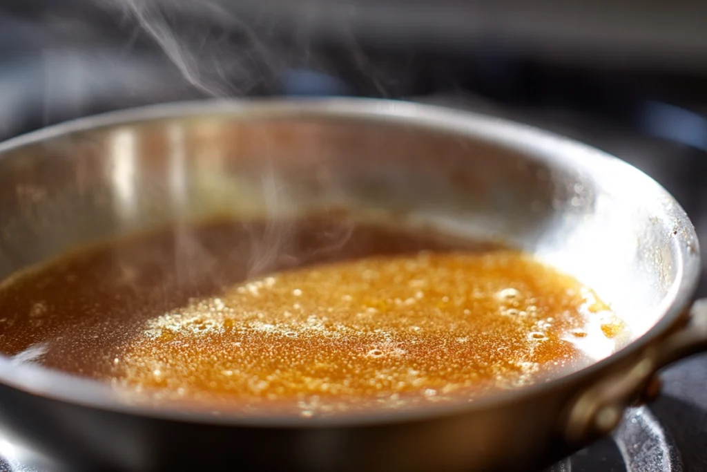 Close-up of brown butter in saucepan for Brown Butter Peach Cobbler recipe