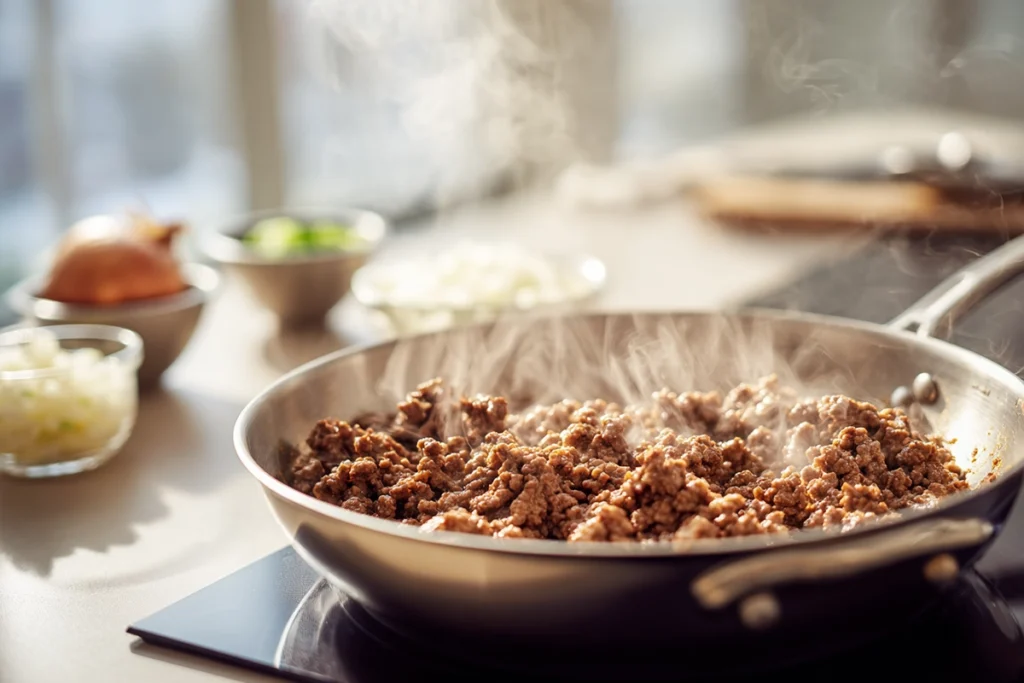 ground beef browning in stainless steel pan for creamy beef pasta