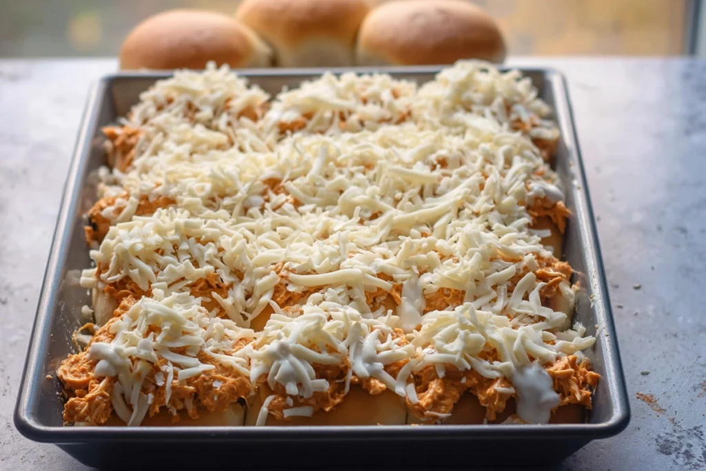 close-up of buffalo chicken slider assembly with chicken, cheese, and sauce on rolls