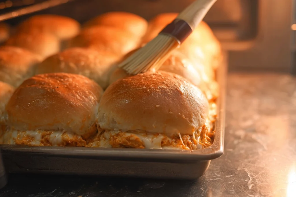 buffalo chicken sliders baking in oven with melting cheese and golden buns