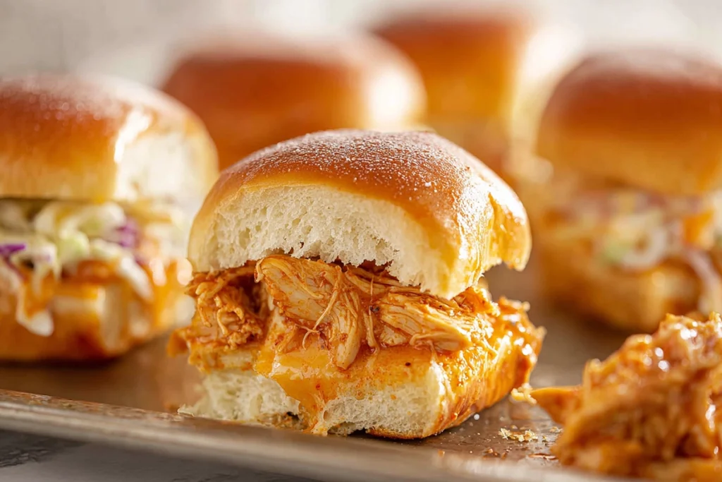 close-up of buffalo chicken slider with melted cheese and buffalo sauce