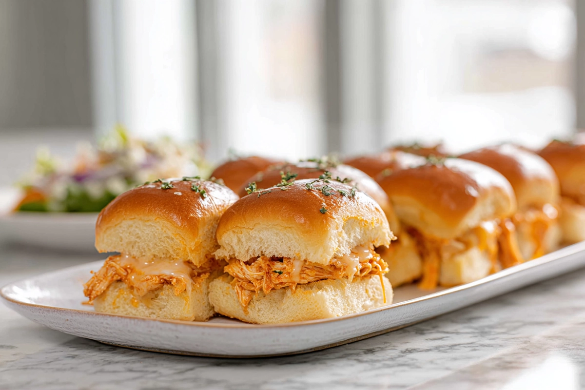 freshly baked buffalo chicken sliders on a plate with melted cheese and buttery glaze