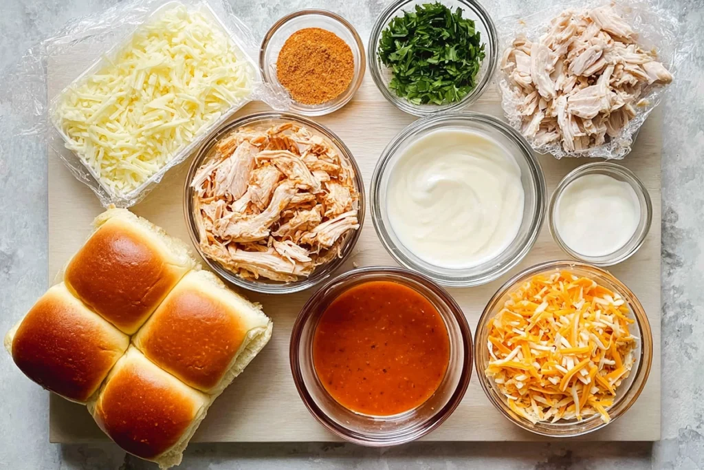 top view of buffalo chicken slider ingredients including shredded chicken, buffalo sauce, cheese, and rolls