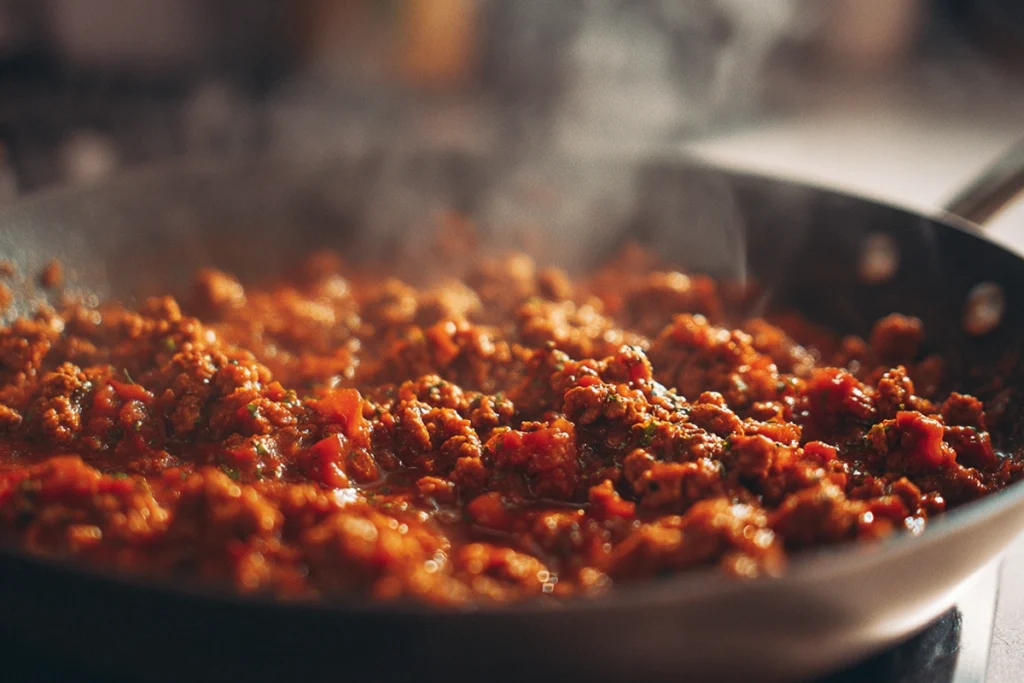 Ground chicken simmering in Cajun tomato sauce for Cajun Chicken Sloppy Joes