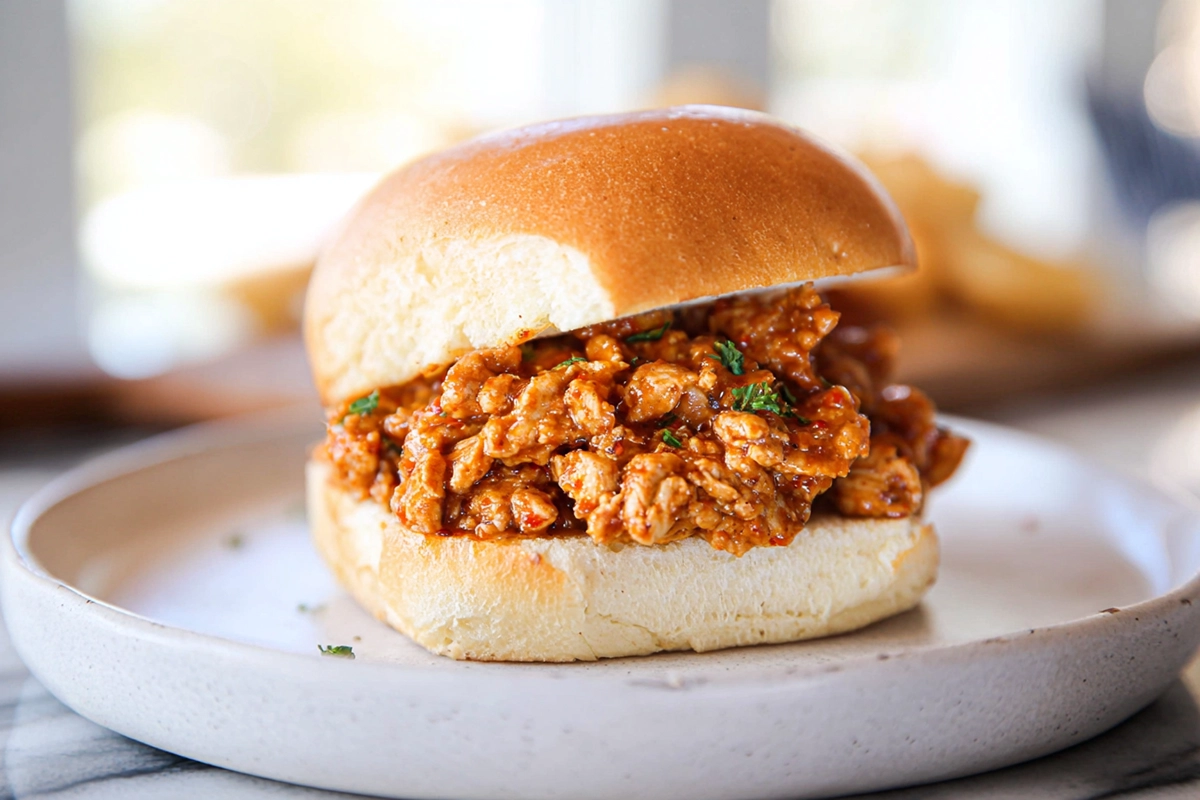 Cajun Chicken Sloppy Joes served on a toasted brioche bun in a modern kitchen