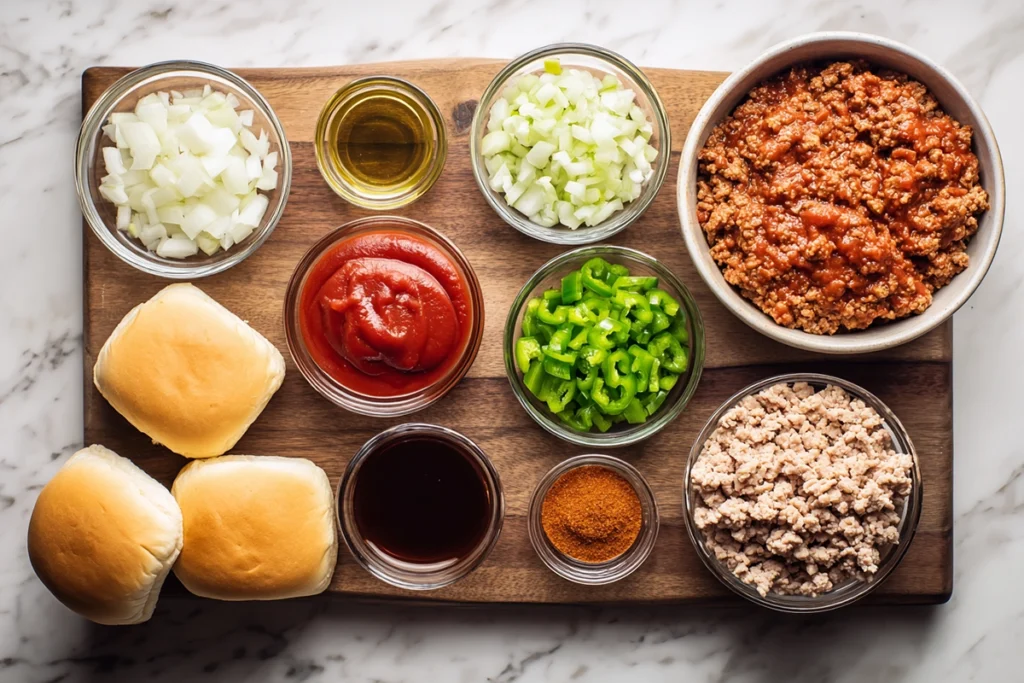 Overhead view of Cajun Chicken Sloppy Joes ingredients on wooden board and marble counter