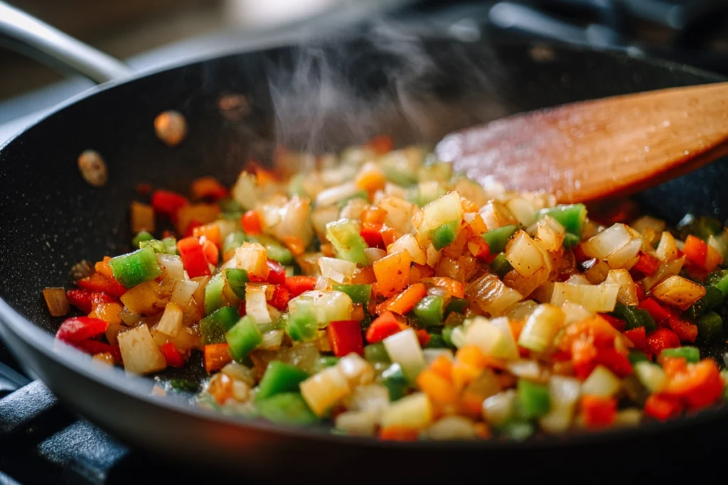 Onions, peppers, and garlic sautéing for Cajun Chicken Sloppy Joes in a modern skillet