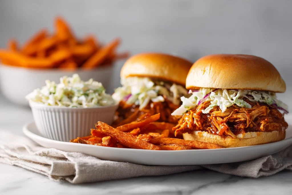 Cajun Chicken Sloppy Joes served with sweet potato fries and coleslaw on marble counter