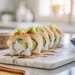 California Crunch Roll Sushi beautifully plated on a modern kitchen counter with crispy panko topping, avocado, and spicy mayo drizzle.