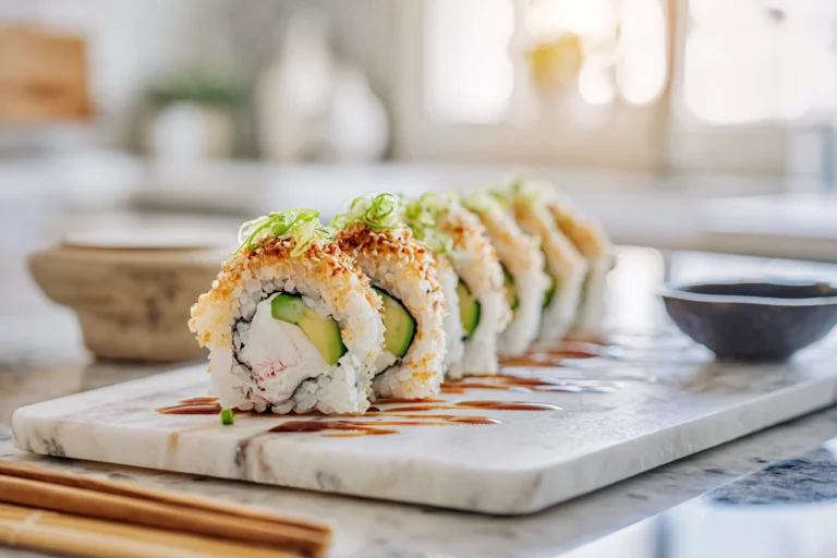 California Crunch Roll Sushi beautifully plated on a modern kitchen counter with crispy panko topping, avocado, and spicy mayo drizzle.