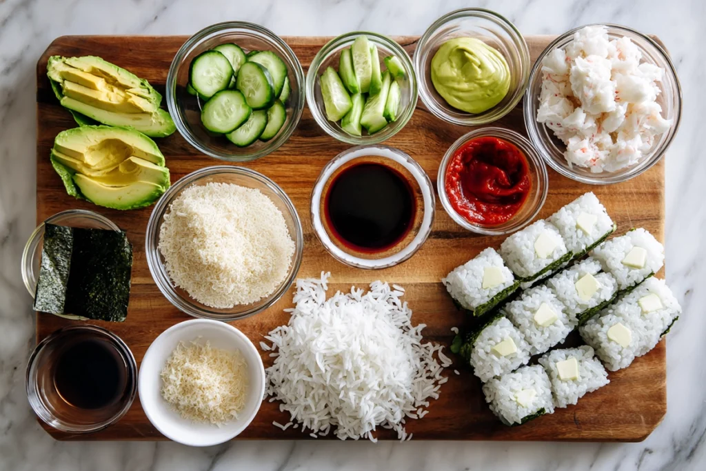 California Crunch Roll Sushi: Crispy, Creamy, and Irresistibly Easy to Make 9 Overhead view of fresh California Crunch Roll Sushi ingredients arranged neatly in bowls on a wooden board in natural daylight.