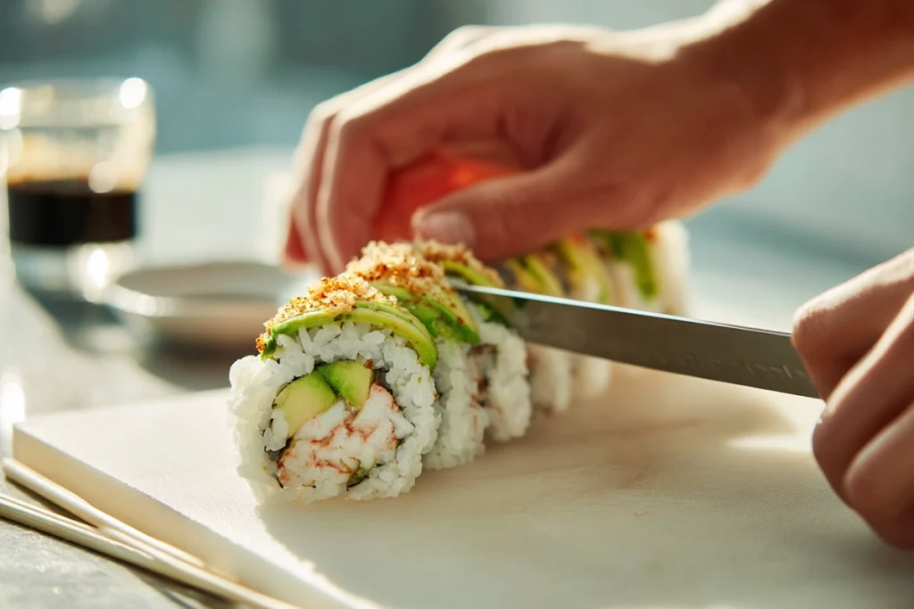 California Crunch Roll Sushi: Crispy, Creamy, and Irresistibly Easy to Make 12 Chef slicing California Crunch Roll Sushi on a cutting board showing colorful layers of avocado, crab, and crunchy topping.