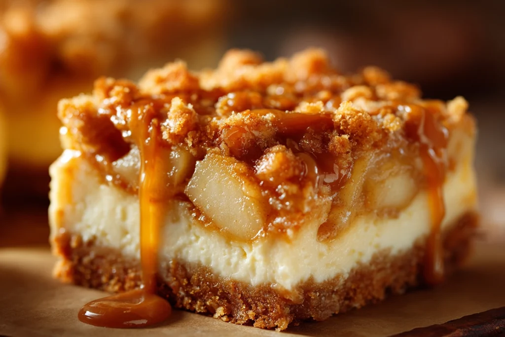 Close-up of caramel apple cheesecake bar layers showing caramel drizzle, apples, and crumbly topping